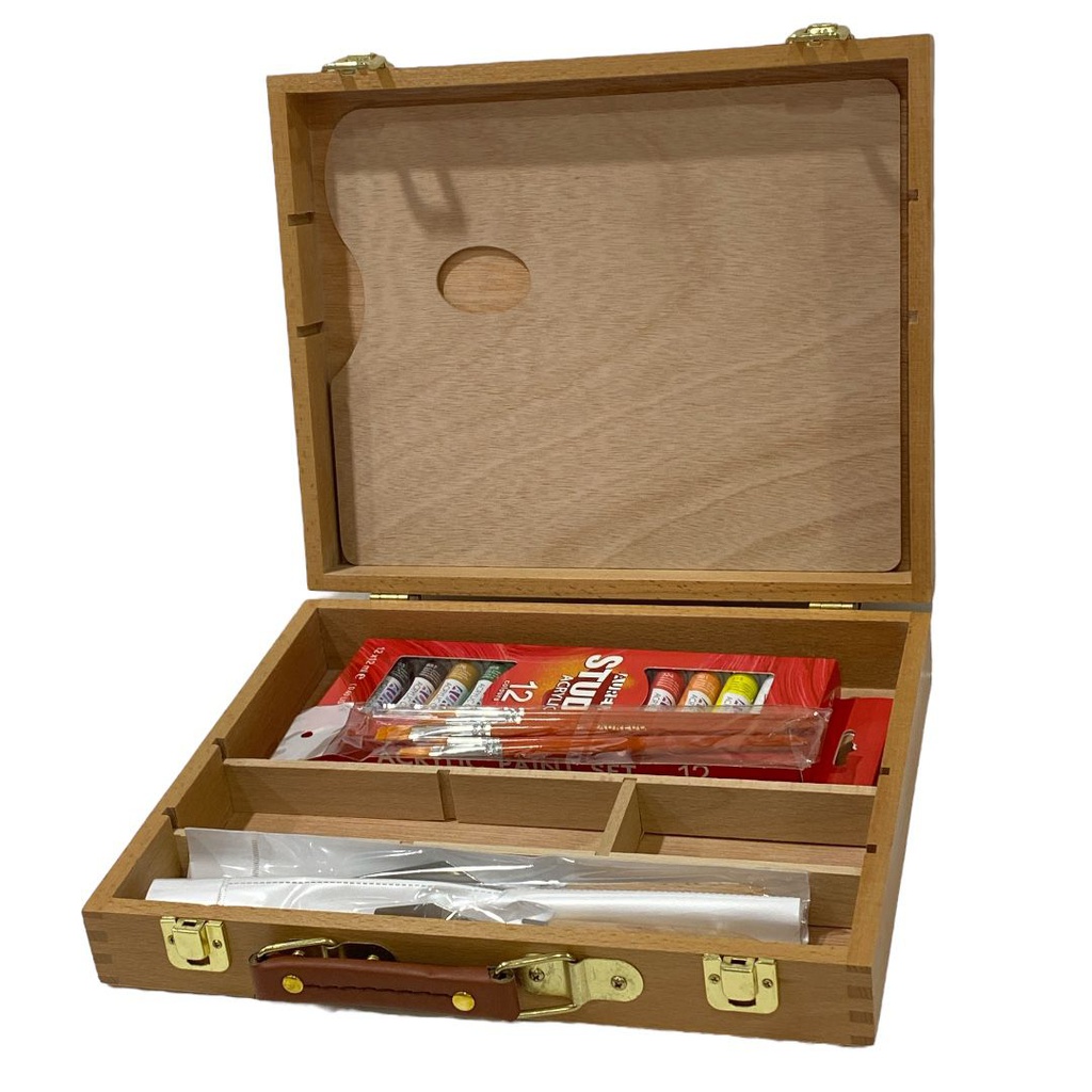 WOODEN BOX SET:
12X12ml Acrylic Paint Tubes,5 Artist Brushes,3 Painting Knives,1 Stretched Canvas 24x30cm,1 Canvas Panel 24x30cm,1 wooden Palette ,1 Wooden Box